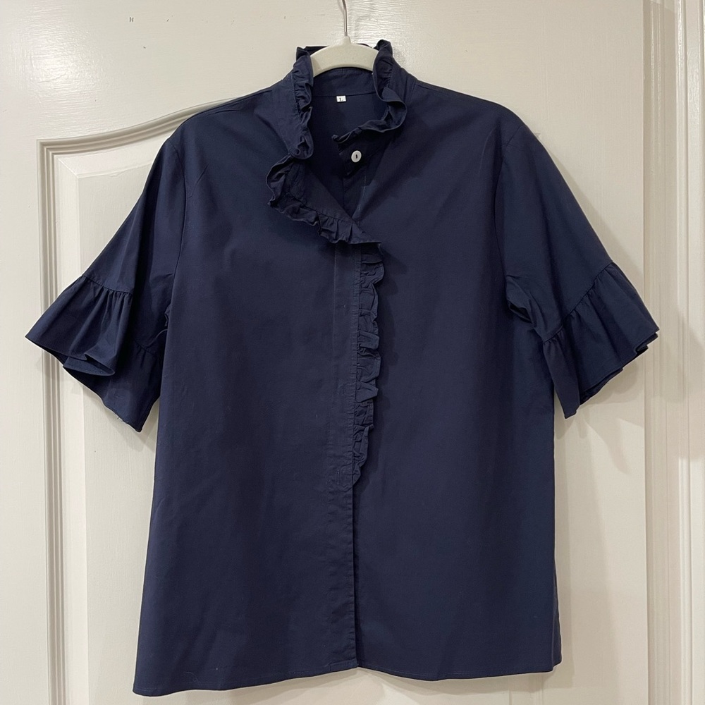 Navy Blue Ladies Blouse with Ruffled Front